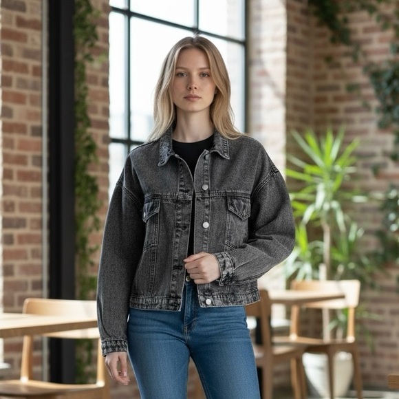 ANDREE BY UNIT Charcoal Acid Wash Cropped Boxy Oversized Denim Jacket - Picture 1 of 14